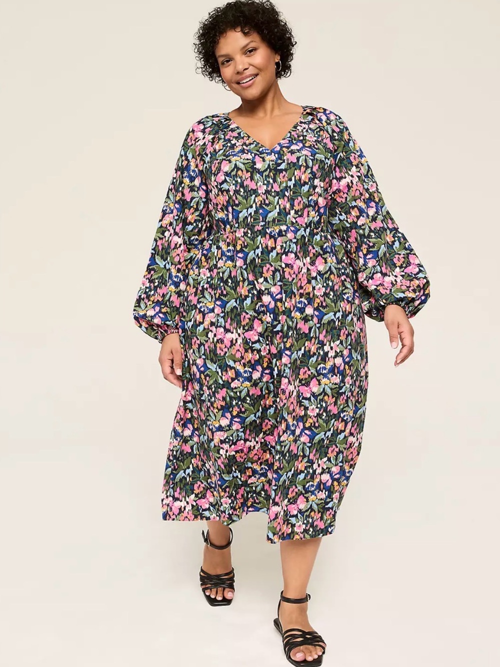 Lane Bryant NWT Floral V-Neck Pocket Bollon Sleeve Midi Dress Size 18